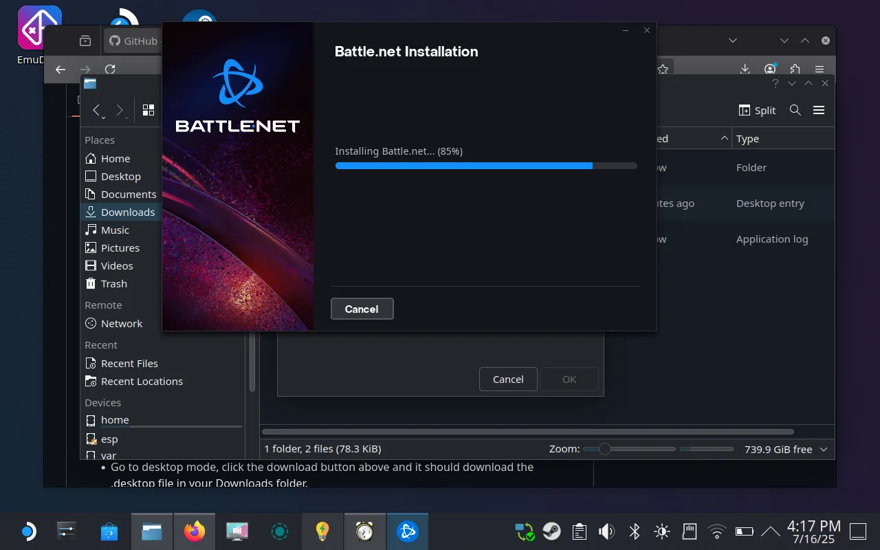 Trình cài đặt Battle.net hiển thị trong quá trình tự động cài đặt trên Steam Deck, một phần của quá trình thiết lập game WoW