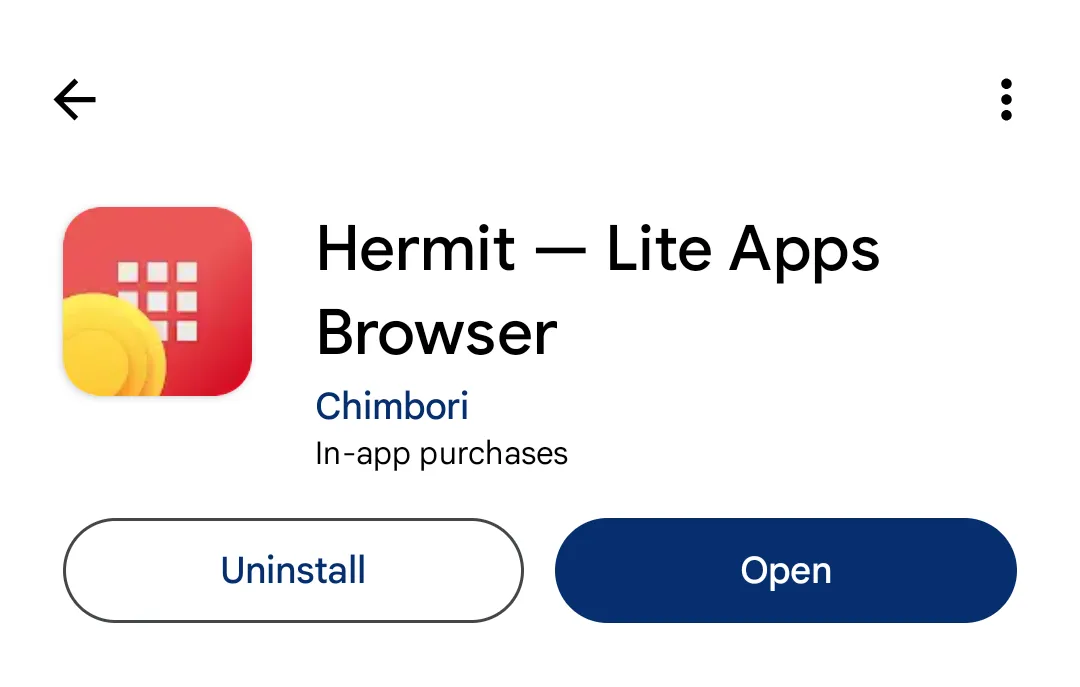 Trình duyệt Hermit – Lite Apps Browser trên Google Play Store, là công cụ chính để biến các trang web thành ứng dụng nhẹ trên Android.