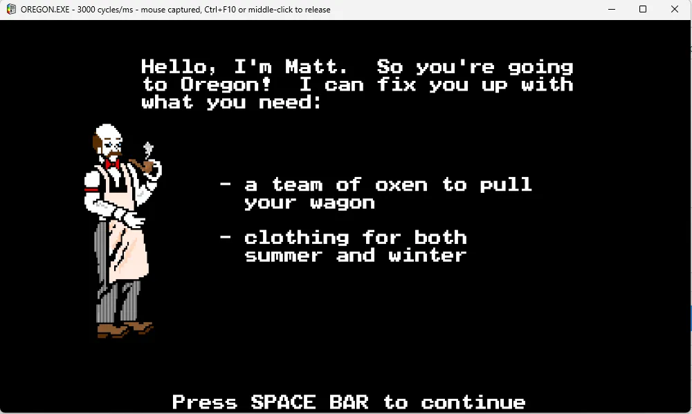 Trò chơi kinh điển The Oregon Trail đang chạy mượt mà trên trình giả lập DOSBox Staging, tái hiện trải nghiệm game DOS cổ điển.