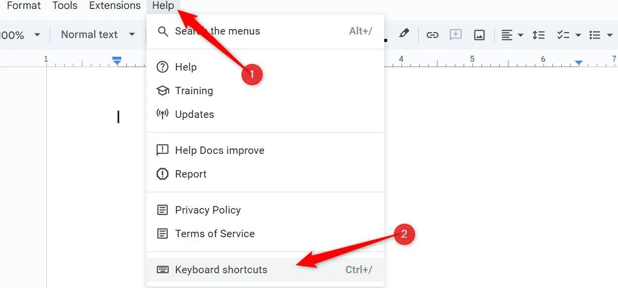 Truy cập danh sách phím tắt hữu ích trong Google Docs từ menu &quot;Trợ giúp&quot;, tăng cường hiệu quả công việc.