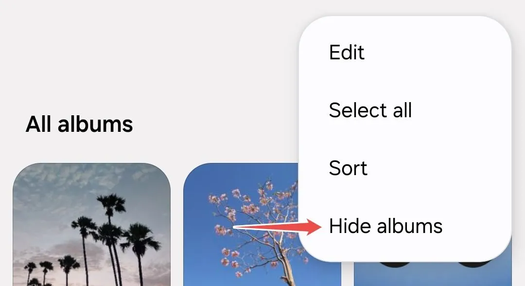 Tùy chọn &quot;Ẩn Album&quot; trong menu thả xuống của ứng dụng Thư viện Samsung để bảo mật ảnh riêng tư