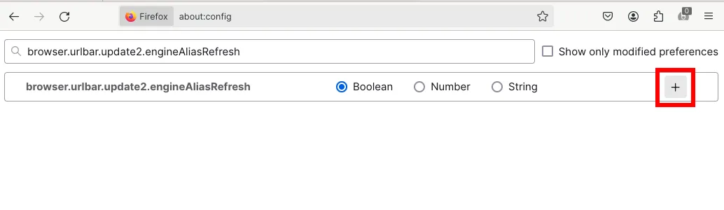 Tùy chọn cài đặt nâng cao &quot;browser.urlbar.update2.engineAliasRefresh&quot; trong about:config của Firefox, cần được kích hoạt để thêm công cụ tìm kiếm mặc định tùy chỉnh.