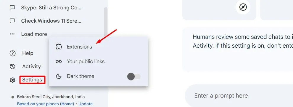 Tùy chọn Cài đặt trên giao diện Google Gemini, hướng dẫn bật tiện ích YouTube.