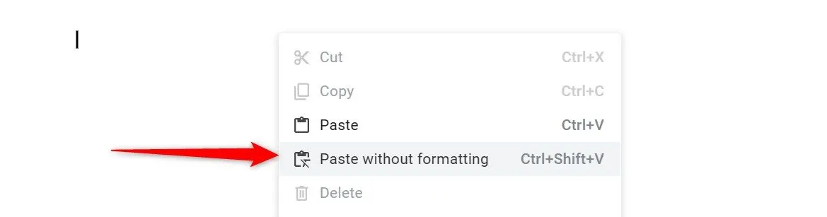 Tùy chọn dán văn bản không định dạng trên Google Docs qua menu chuột phải, giữ nguyên kiểu dáng tài liệu.