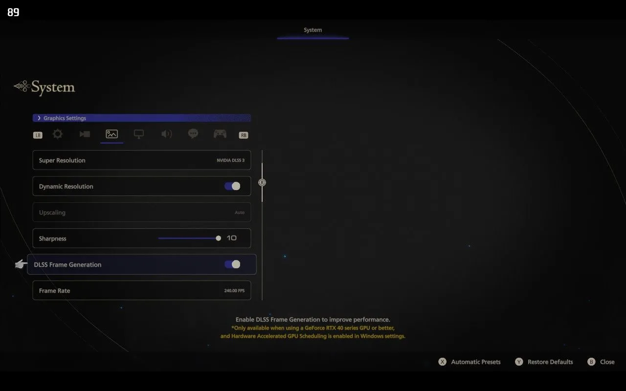 Tùy chọn &quot;DLSS Frame Generation&quot; trong phần cài đặt đồ họa của game Final Fantasy XVI Demo, nơi người dùng kích hoạt tính năng tạo khung hình FSR3 sau khi cài đặt Decky-Framegen.