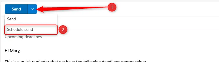 Tùy chọn &quot;Gửi theo lịch&quot; bên cạnh nút Gửi trong cửa sổ soạn email của Outlook mới, giúp lên lịch gửi thư.