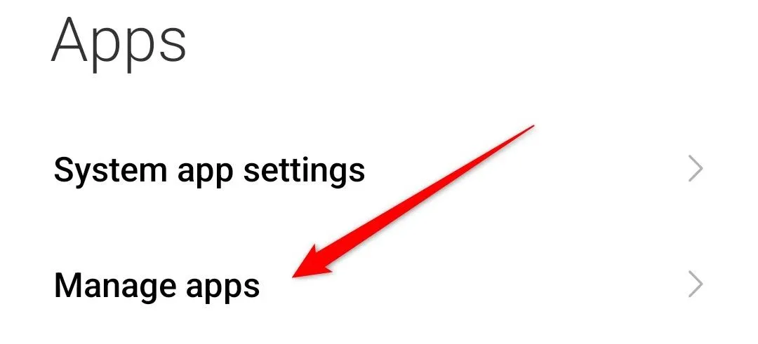 Tùy chọn &quot;Manage Apps&quot; (Quản lý ứng dụng) trong cài đặt Android để xem danh sách ứng dụng đã cài đặt.