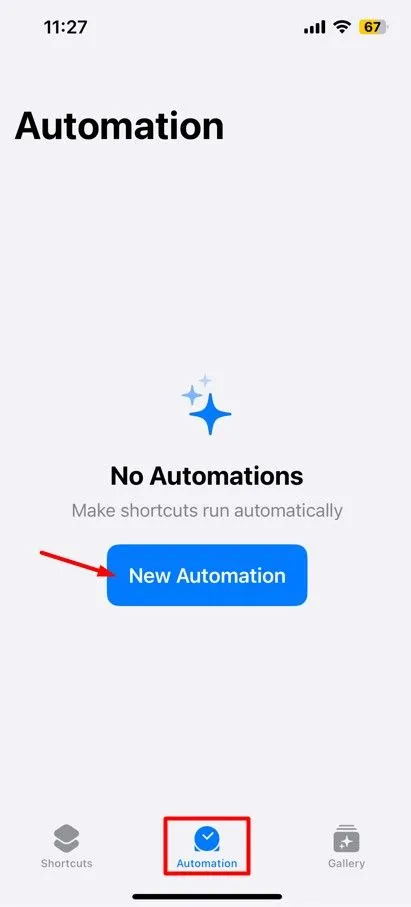 Tùy chọn New Automation để bắt đầu tạo quy trình tự động hóa mới trên ứng dụng Phím tắt iPhone.