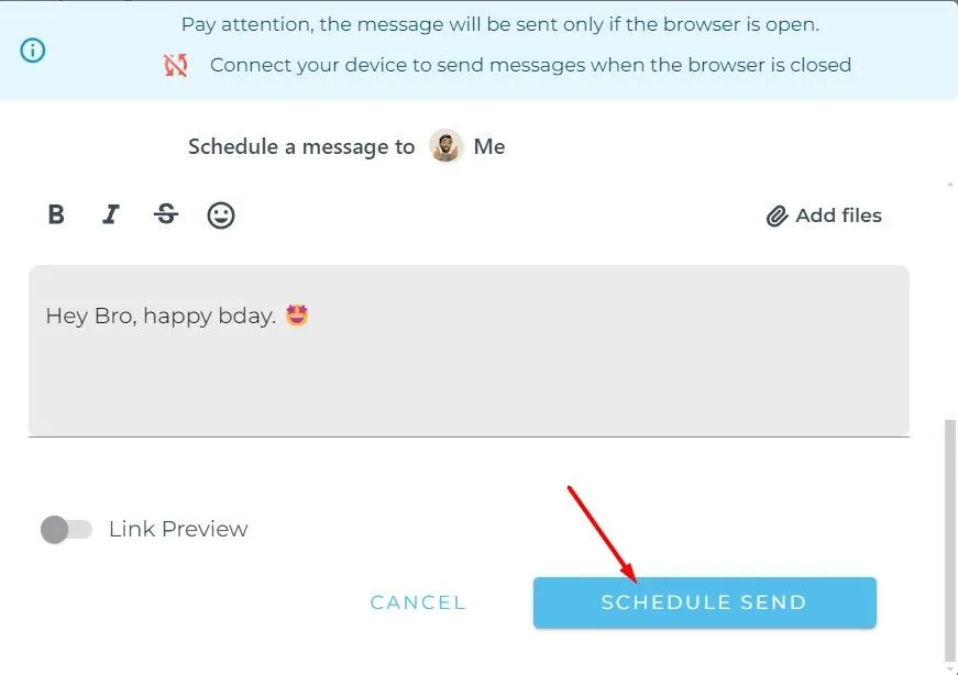 Tùy chọn Schedule Send trong cửa sổ Blueticks để xác nhận hẹn giờ gửi tin nhắn WhatsApp trên máy tính.
