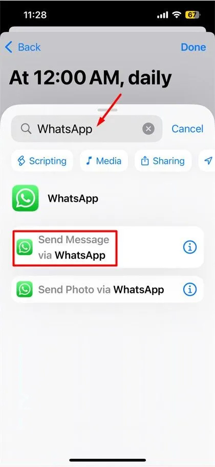 Tùy chọn Send Message via WhatsApp trong Phím tắt để thêm hành động gửi tin nhắn WhatsApp vào quy trình tự động.