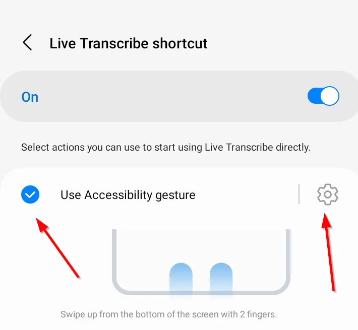 Tùy chọn 'Sử dụng cử chỉ hỗ trợ tiếp cận' trong cài đặt phím tắt Live Transcribe.