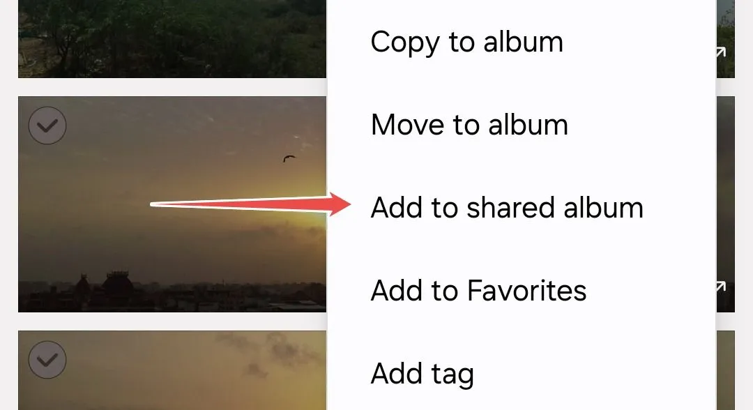 Tùy chọn &quot;Thêm vào Album được chia sẻ&quot; trong menu chia sẻ ảnh của Thư viện Samsung