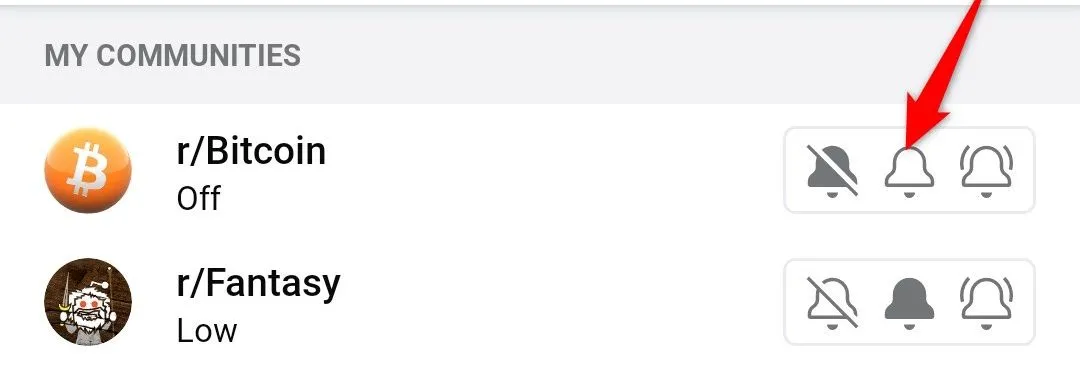 Tùy chọn thông báo cộng đồng Reddit trên di động, với biểu tượng chuông giữa để giảm tần suất.
