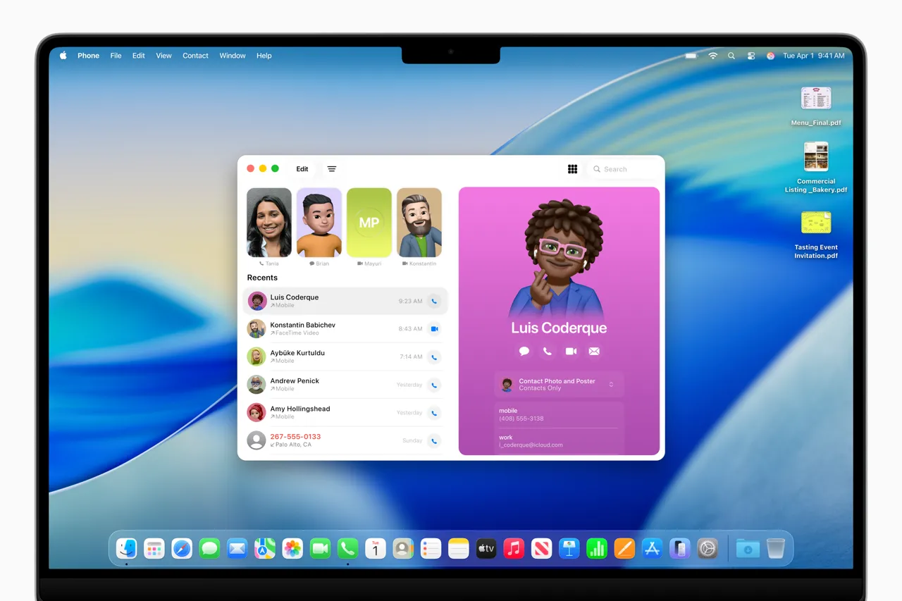 Ứng dụng Điện thoại trên macOS Tahoe 26 hiển thị danh bạ và tùy chọn gọi điện.