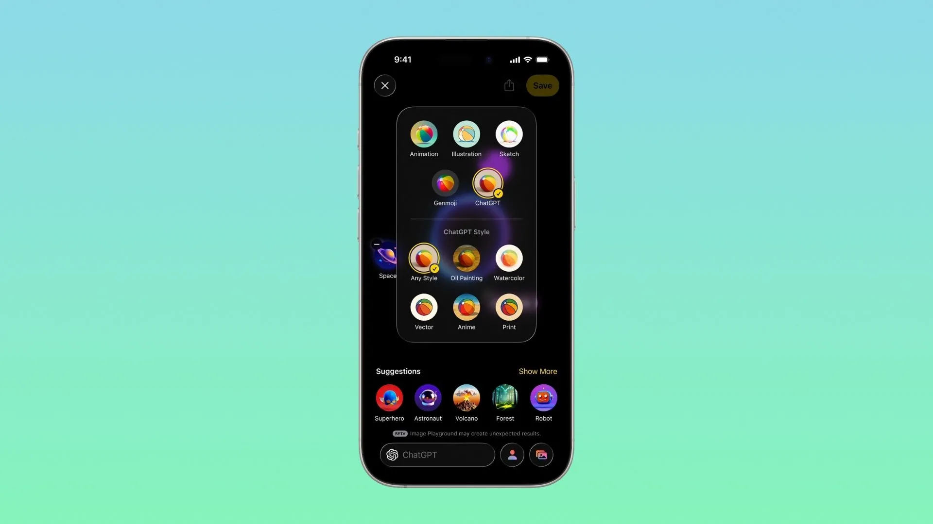 Ứng dụng Image Playground trên iPhone hiển thị các phong cách vẽ mới được hỗ trợ bởi ChatGPT, mở rộng khả năng sáng tạo hình ảnh AI.
