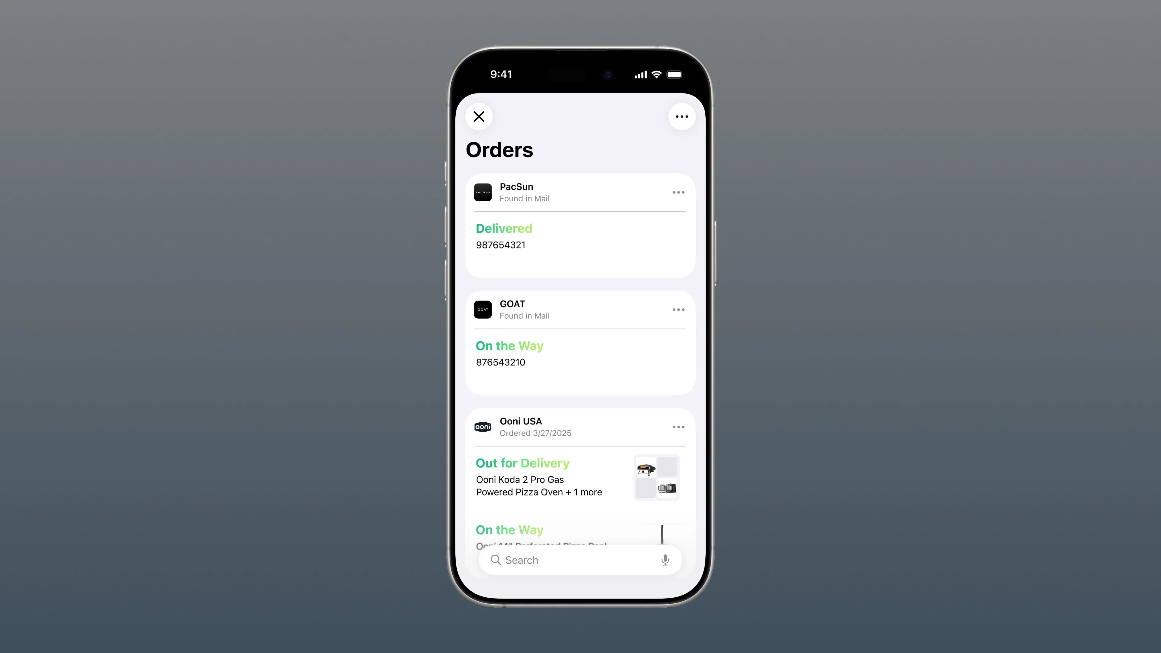 Ứng dụng Ví trên iPhone hiển thị tính năng theo dõi đơn hàng, tổng hợp thông tin từ email để tiện quản lý.