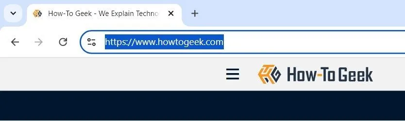 URL của trang How-To Geek được chọn trên thanh địa chỉ của trình duyệt Google Chrome, minh họa phím tắt Ctrl+L tiện lợi.