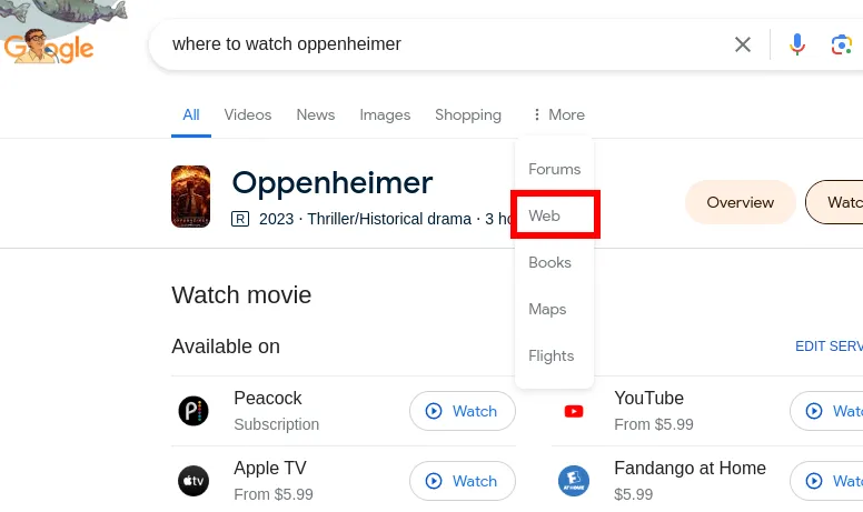 Vị trí tùy chọn &quot;Web&quot; trong menu thả xuống &quot;Thêm&quot; trên trang kết quả tìm kiếm Google, cho phép chuyển sang chế độ xem web.