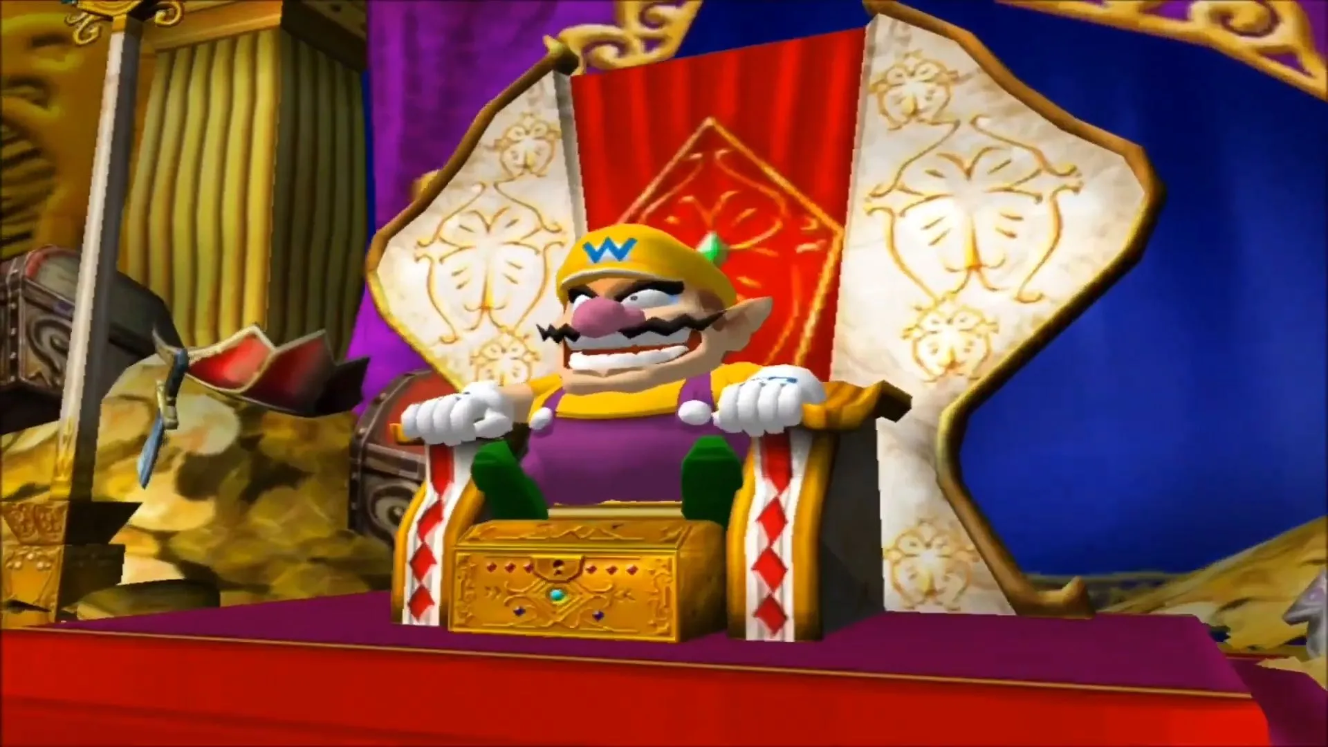 Wario ngồi trên ngai vàng trong thế giới đầy kho báu của Wario World.