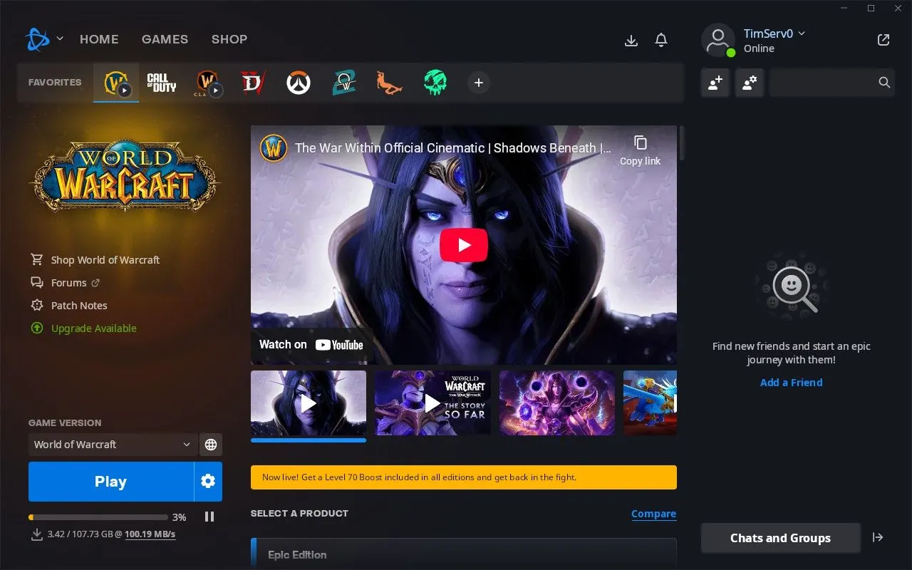 World of Warcraft đang được tải xuống trên Steam Deck, hiển thị tiến trình tải game cần thiết để bắt đầu cuộc phiêu lưu