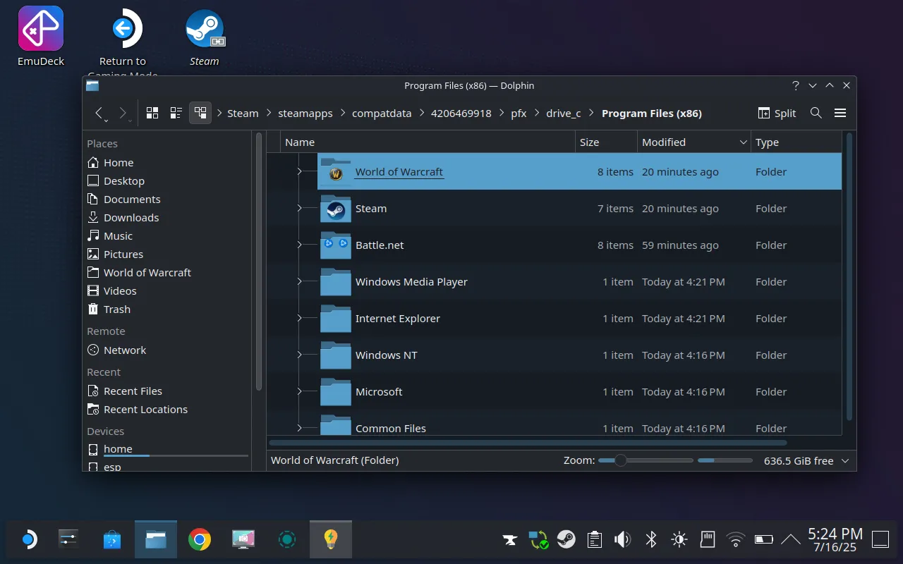 Xác định vị trí thư mục World of Warcraft trong Dolphin File Manager trên Steam Deck, một bước quan trọng để cài đặt mod
