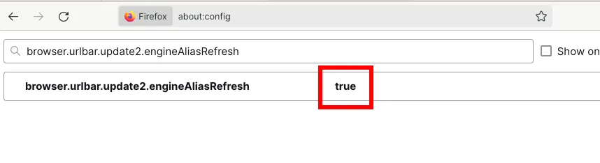 Xác nhận rằng cài đặt thử nghiệm trong Firefox đã được chuyển sang giá trị &quot;true&quot;, cho phép người dùng tùy chỉnh công cụ tìm kiếm mặc định.